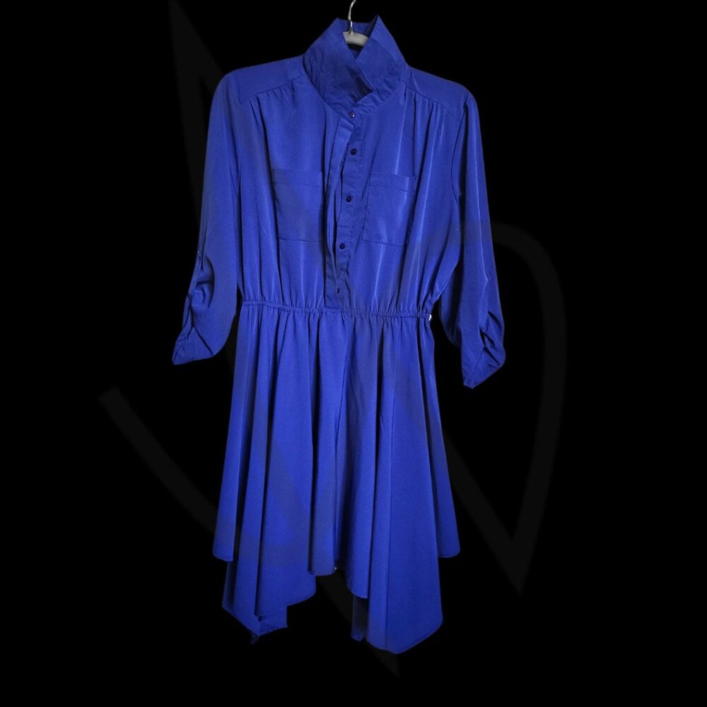 Cobalt Blue Button-Up Midi Dress with Handkerchief Hem L